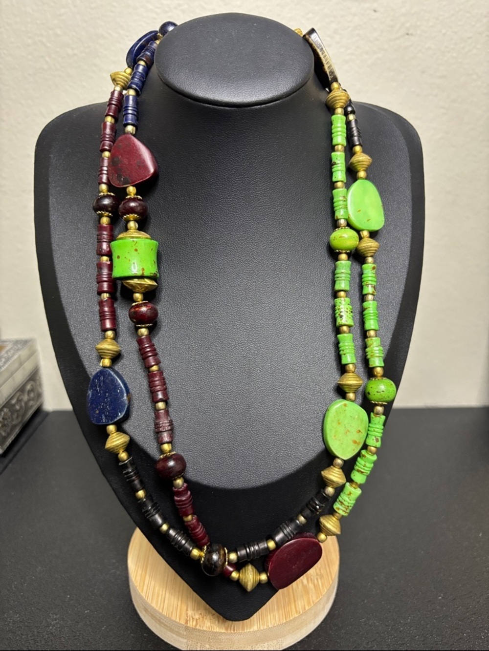 Handcrafted Long Strand Stone wood Multi Media Boho Necklace